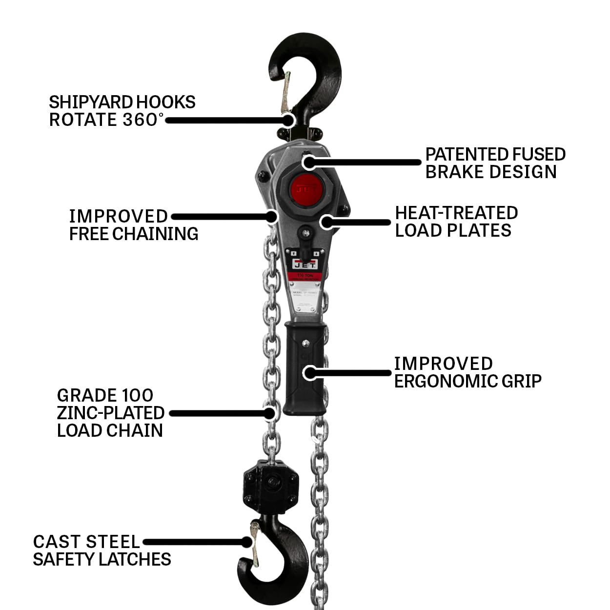 JET 1-1/2 Ton Lever Hoist, 15' Lift, Overload Protection, Shipyard Hooks (JLH-150-15PSH)