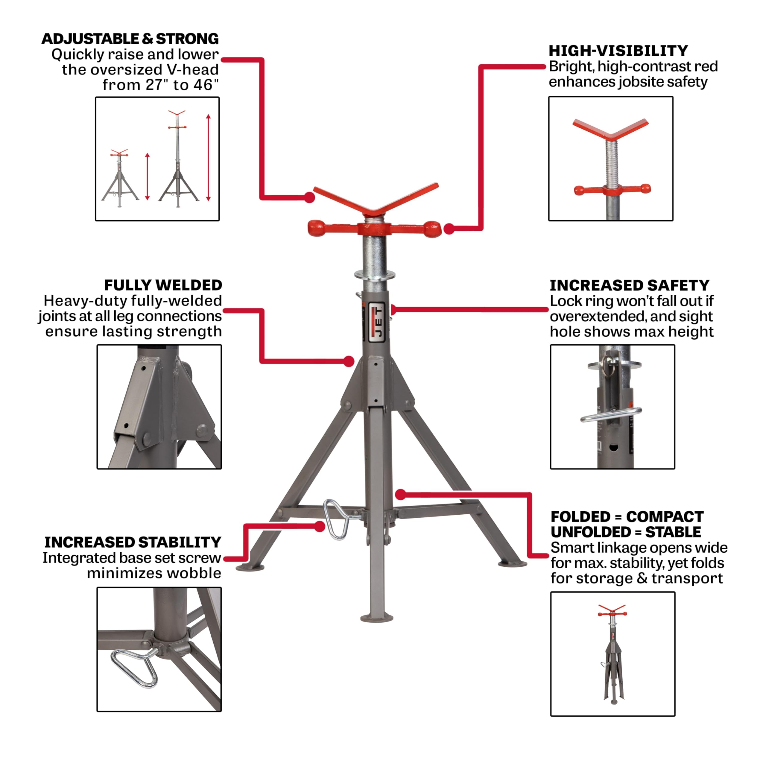 Jet Folding Pipe Jack Stand, 2500 Lb. Capacity (JPJ-FLD-V)
