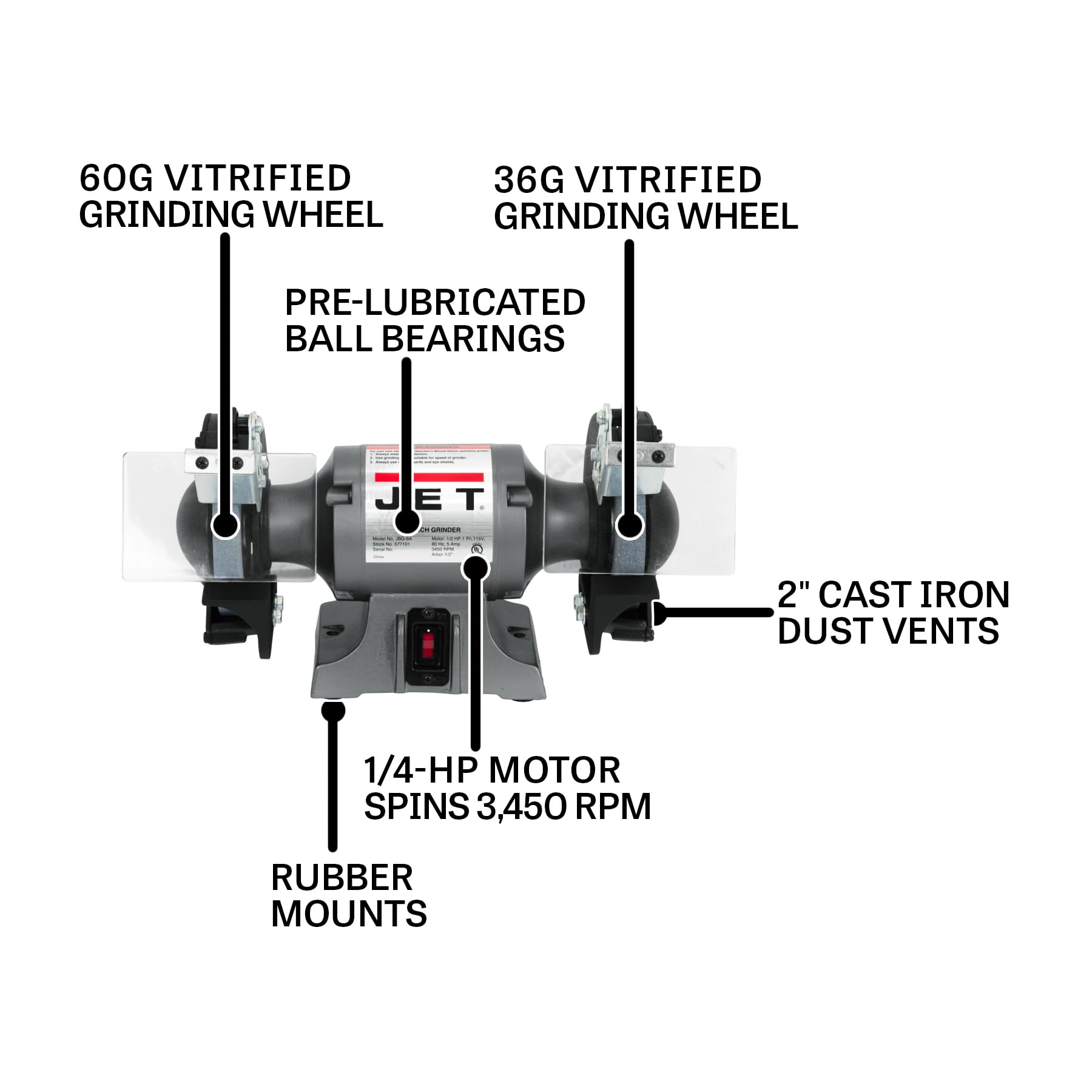 JET 6-Inch Bench Grinder, 3450 RPM, 1/4 HP, 115V 1Ph (Model JBG-6) 5 JET 6-Inch Bench Grinder, 3450 RPM, 1/4 HP, 115V 1Ph (Model JBG-6)
