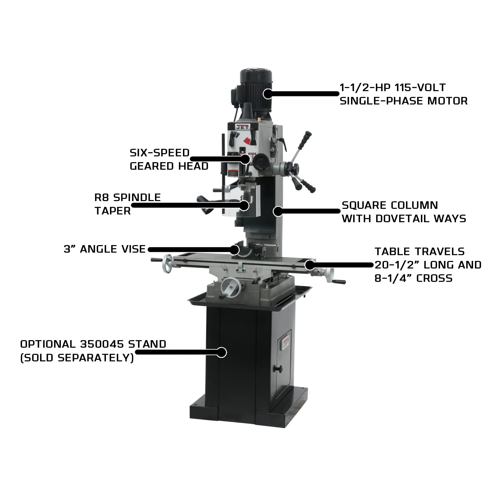 JET Square Column Geared Head Mill Drill, 1-1/2 HP, 115/230V 1Ph (Model JMD-45GH) 2 JET Square Column Geared Head Mill Drill, 1-1/2 HP, 115/230V 1Ph (Model JMD-45GH)
