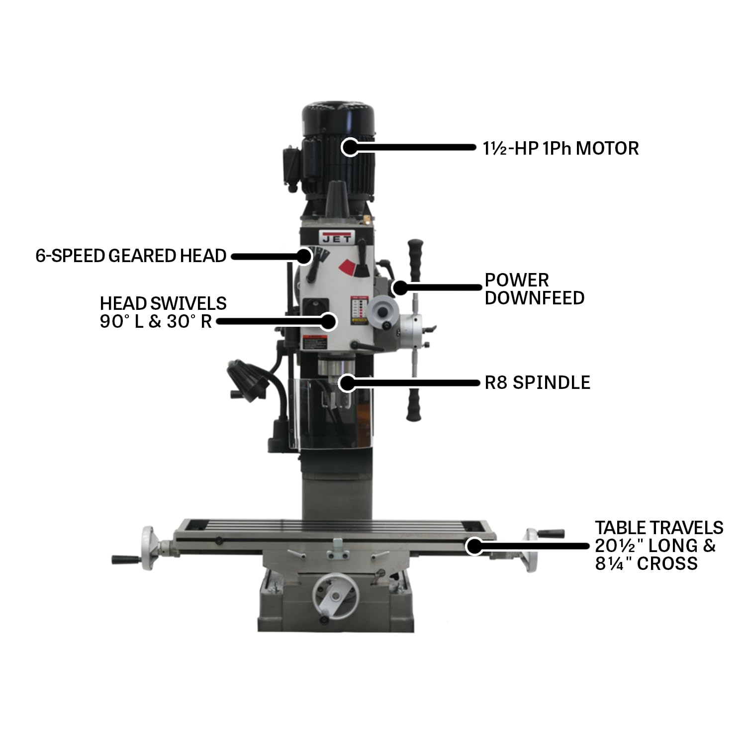 JET Square Column Geared Head Mill Drill, Power Downfeed, 1-1/2 HP, 115/230V 1Ph (Model JMD-45GHPF) 2 JET Square Column Geared Head Mill Drill, Power Downfeed, 1-1/2 HP, 115/230V 1Ph (Model JMD-45GHPF)