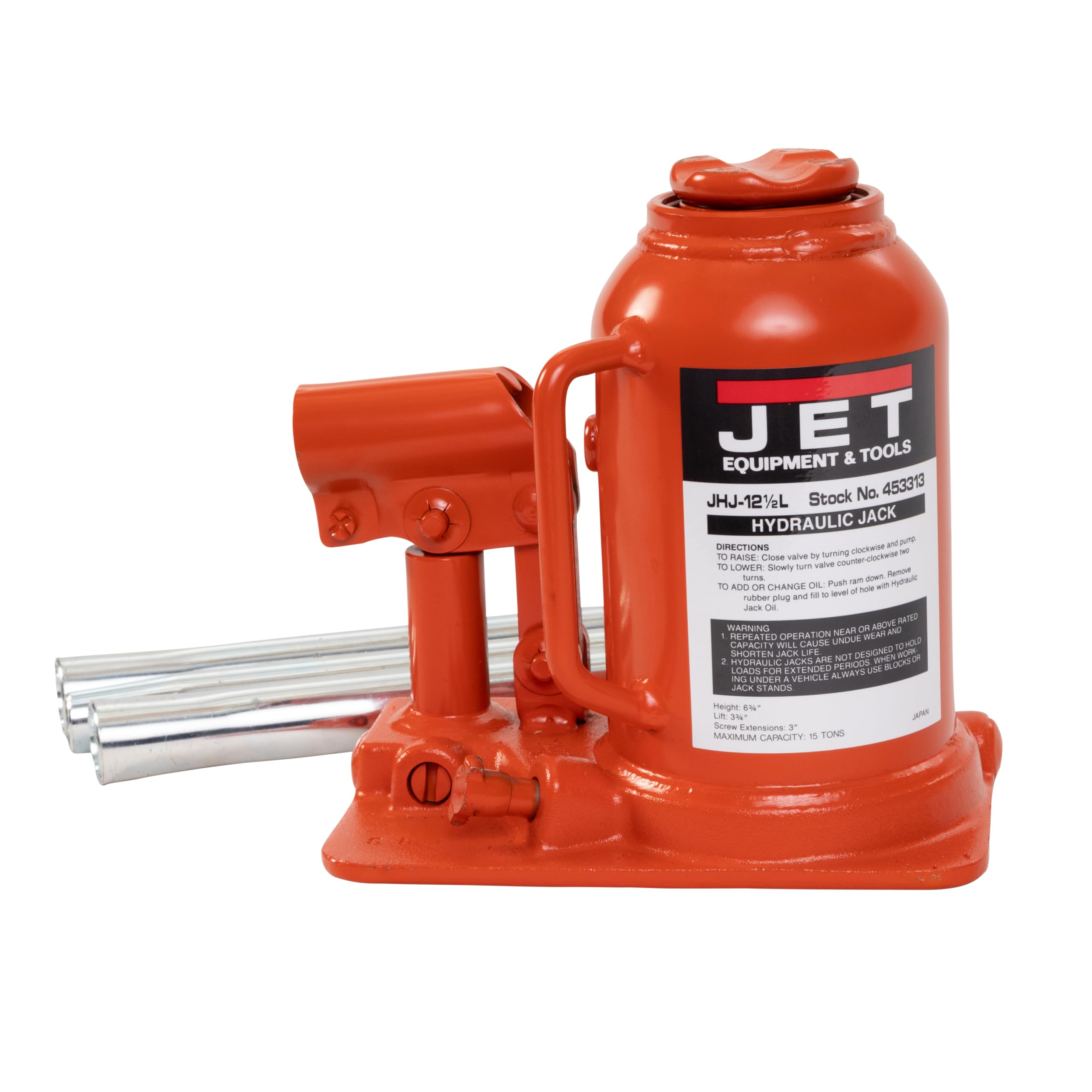 JET 12.5-Ton Low-Profile Hydraulic Bottle Jack w/ Handle (JHJ-12-1/2L)