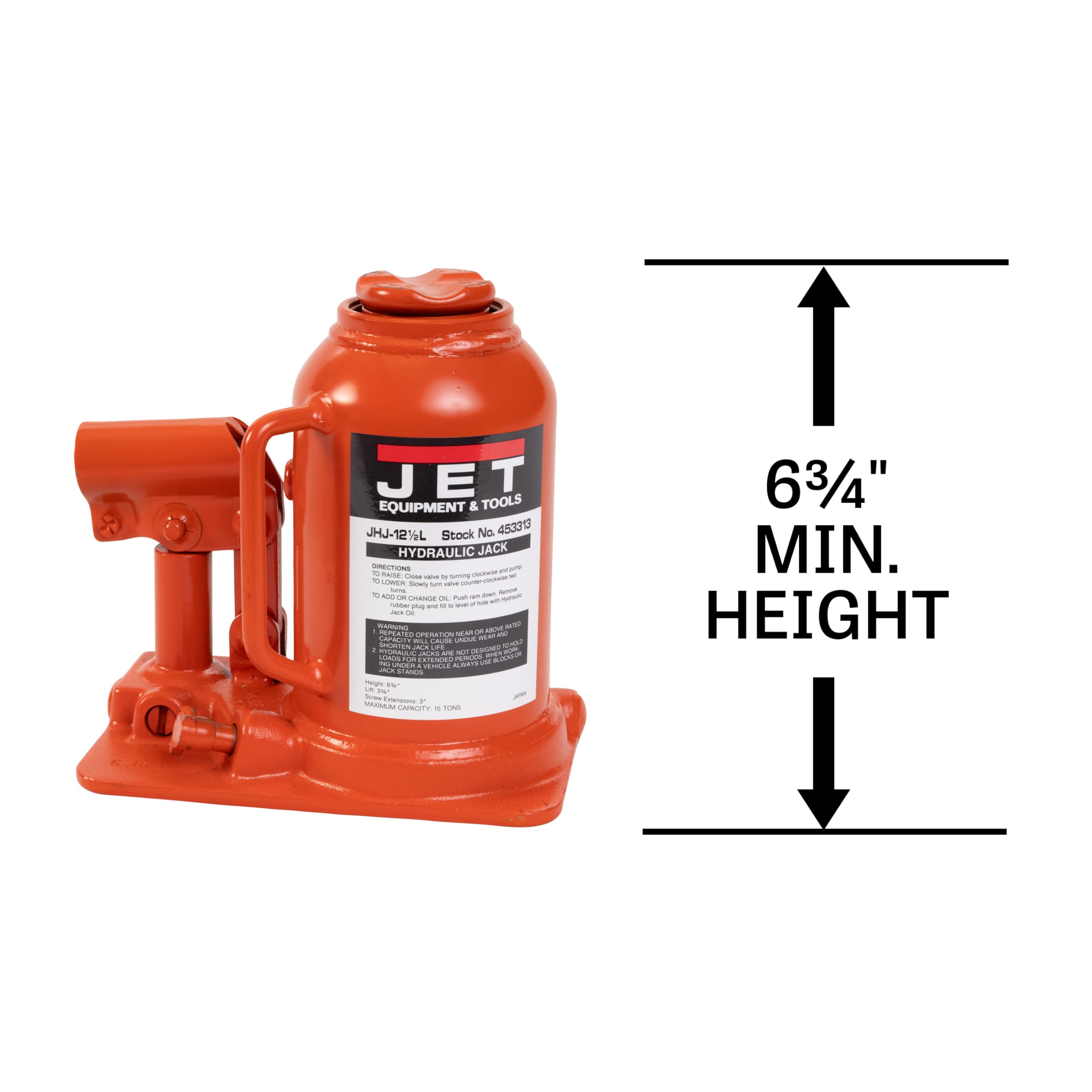 JET 12.5-Ton Low-Profile Hydraulic Bottle Jack w/ Handle (JHJ-12-1/2L)