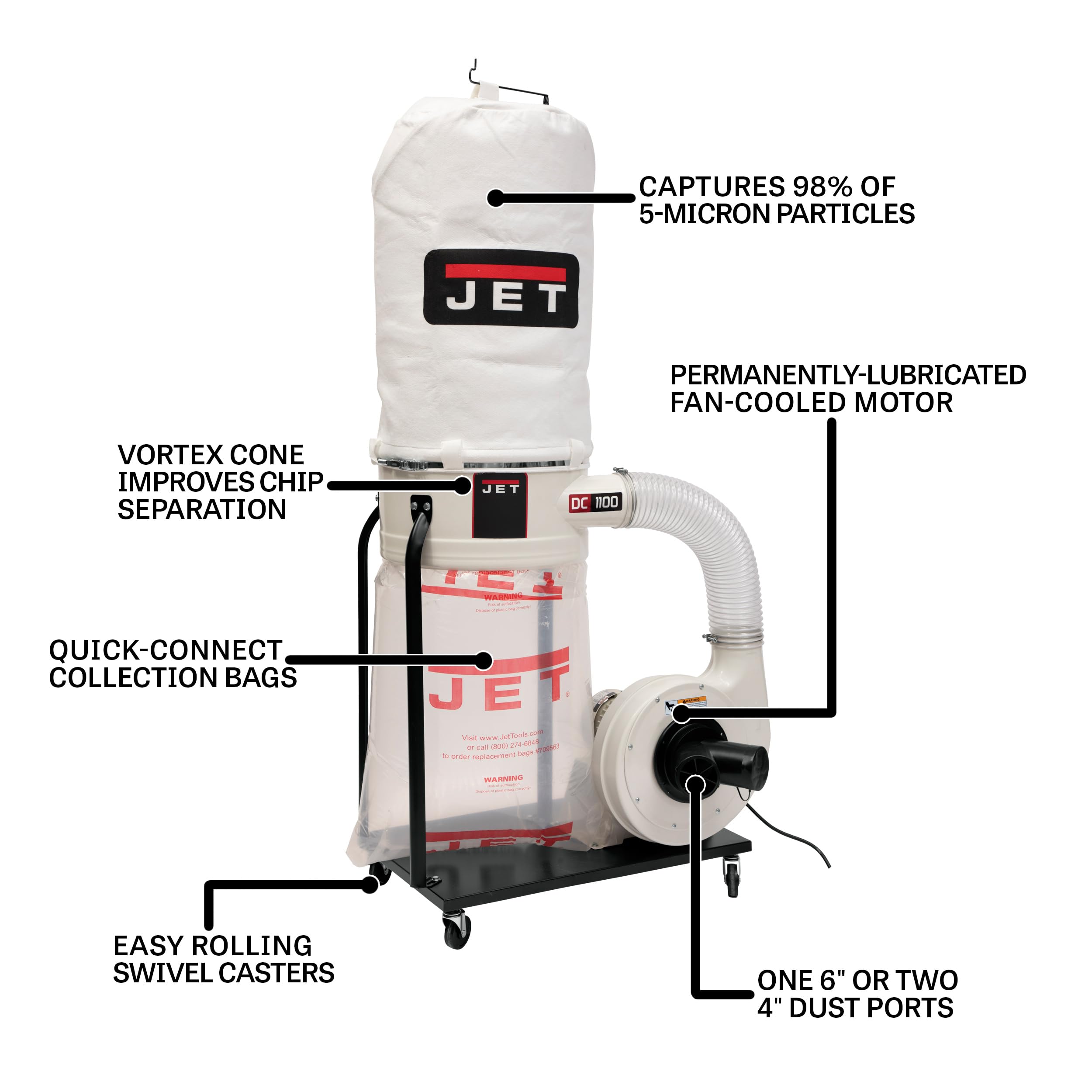 JET Vortex Cone Dust Collector, 5-Micron Bag Filter, 1-1/2 HP, 115/230V 1Ph (DC-1100VX-5M)