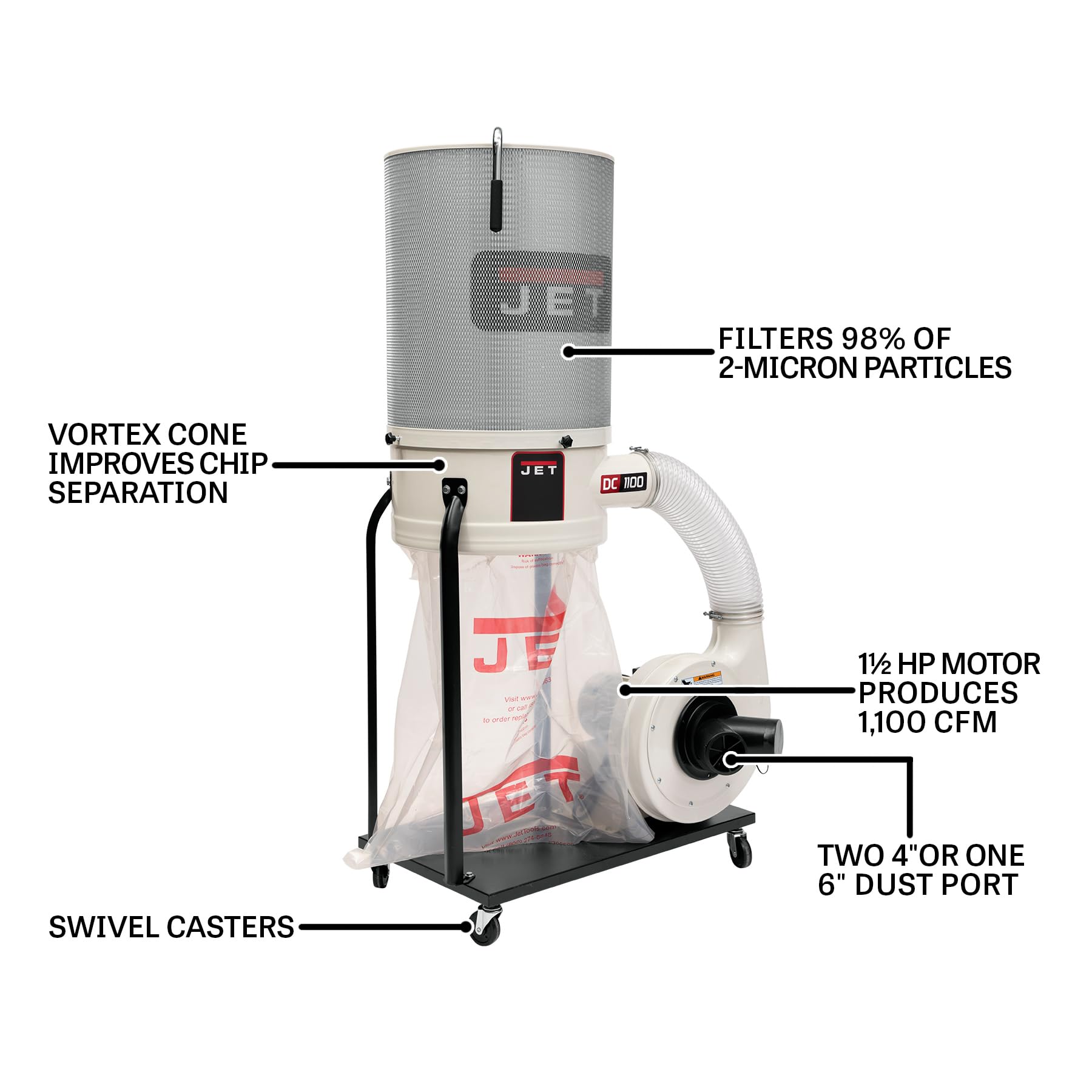 JET Vortex Cone Dust Collector, 2-Micron Canister Filter, 1-1/2 HP, 115/230V 1Ph (DC-1100VX-CK)