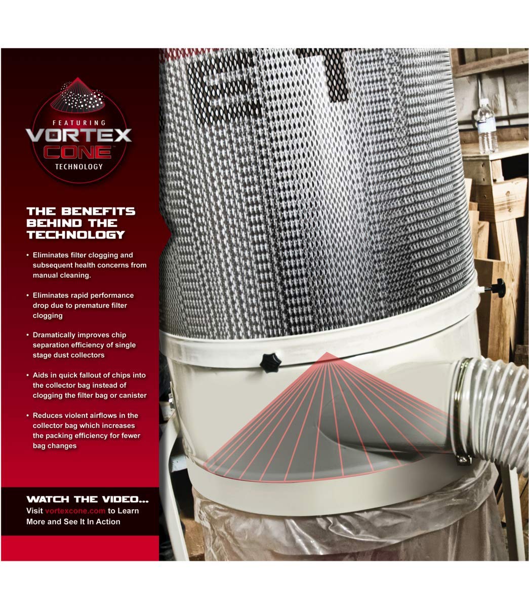 JET Vortex Cone Dust Collector, 2-Micron Canister Filter, 2 HP, 230V 1Ph (DC-1200VX-CK1)