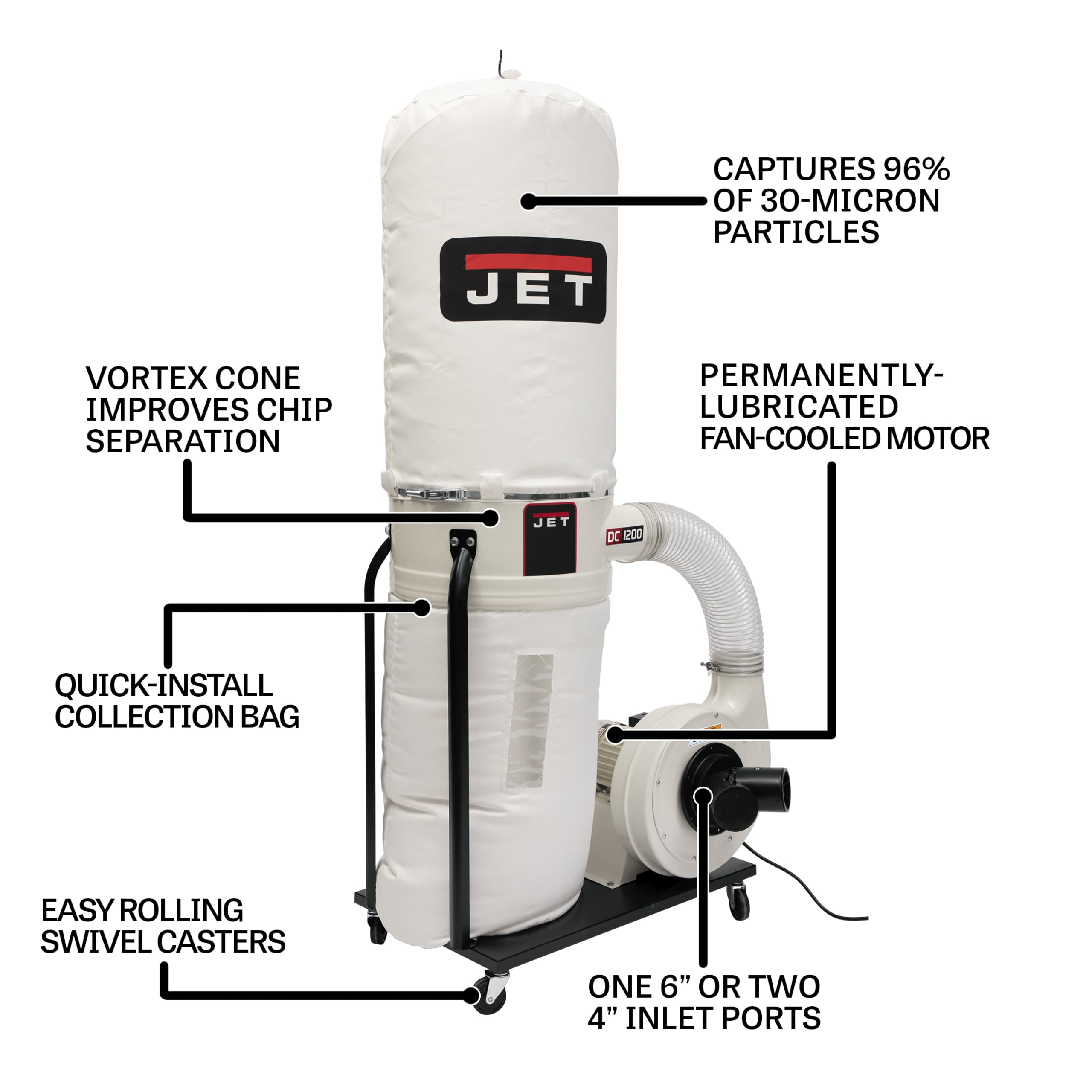 JET Vortex Cone Dust Collector, 30-Micron Bag Filter, 2 HP, 230/460V 3Ph (DC-1200VX-BK3)
