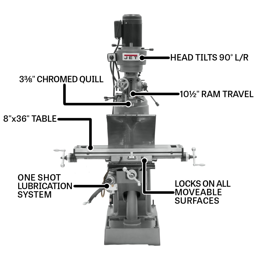JET Step Pulley Milling Machine, 1-1/2 HP, 115/230V 1Ph (Model JVM-836-1) 2 JET Step Pulley Milling Machine, 1-1/2 HP, 115/230V 1Ph (Model JVM-836-1)
