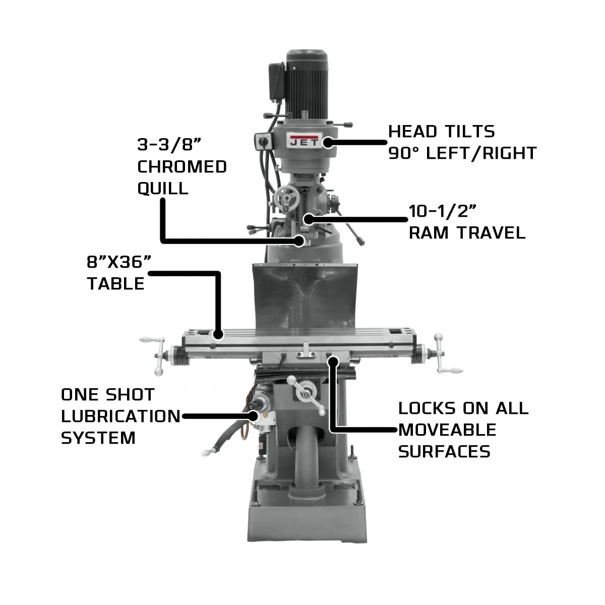 JET Step Pulley Milling Machine, 1-1/2 HP, 230V 3Ph (Model JVM-836-3) 2 JET Step Pulley Milling Machine, 1-1/2 HP, 230V 3Ph (Model JVM-836-3)