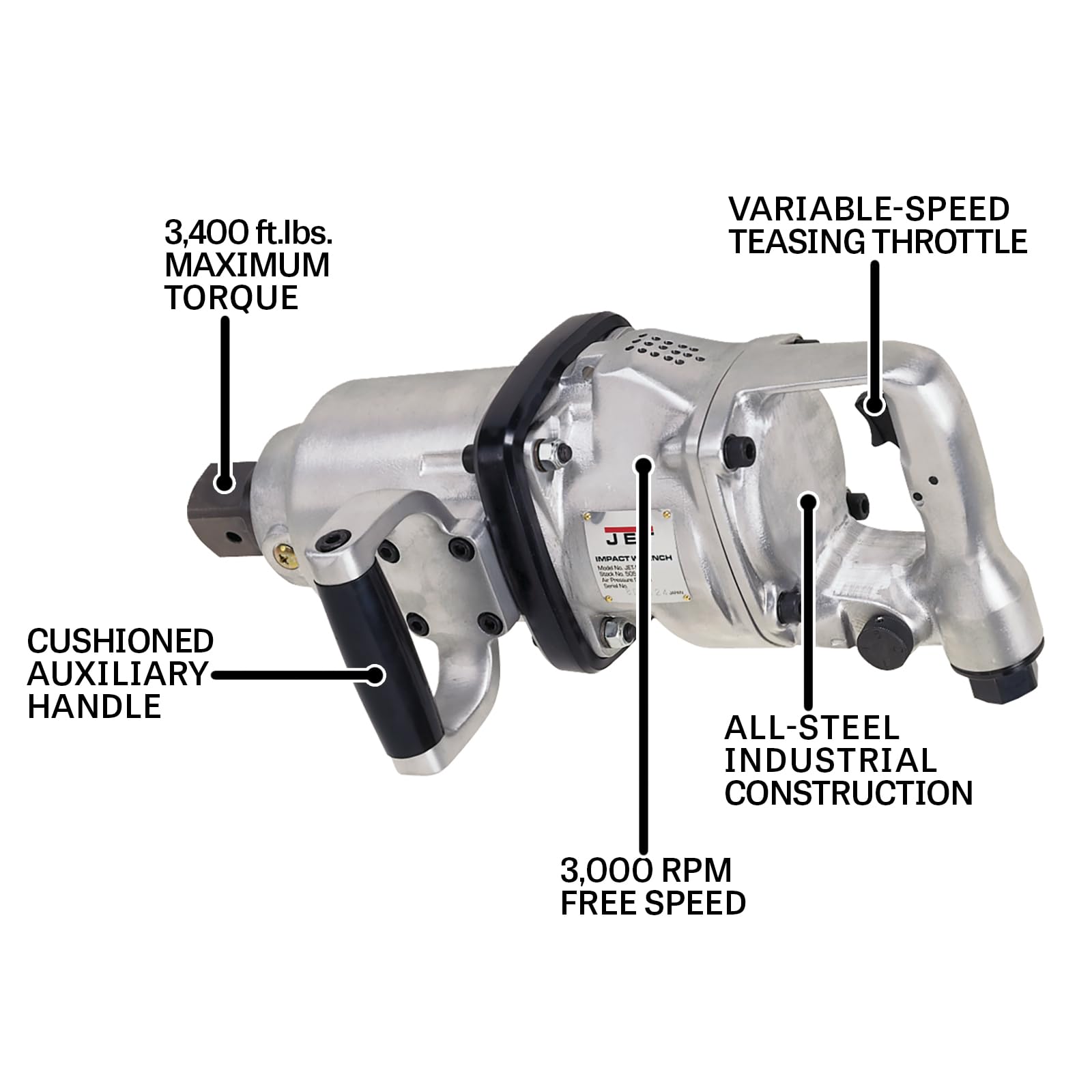 JET 1-1/2" Square Drive Impact Wrench, 3400 ft-lbs, 3000 RPM (Model JAT-5000)