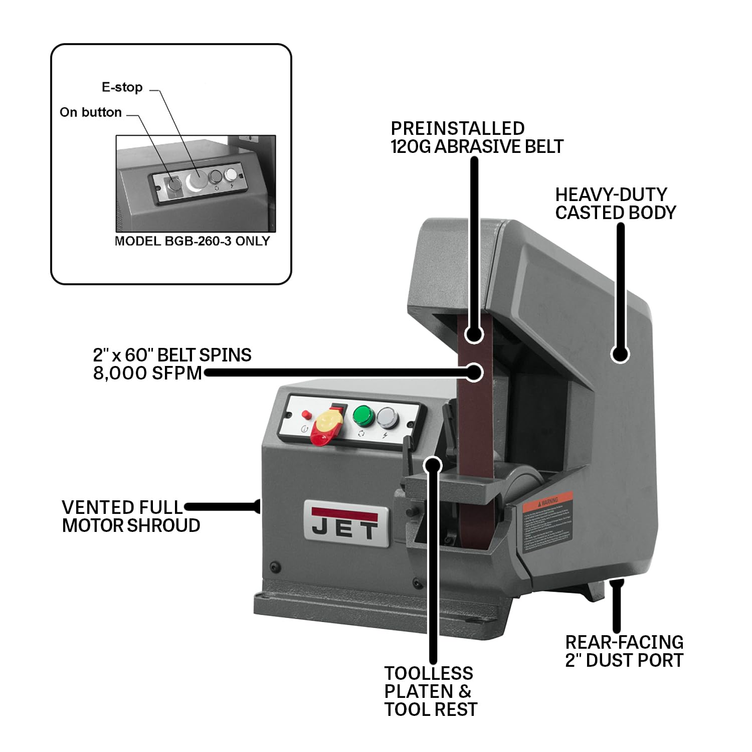 JET 2" x 60" Three-Wheel Belt Grinder, 3Ph 230/460V (BGB-260-3) 2 JET 2" x 60" Three-Wheel Belt Grinder, 3Ph 230/460V (BGB-260-3)