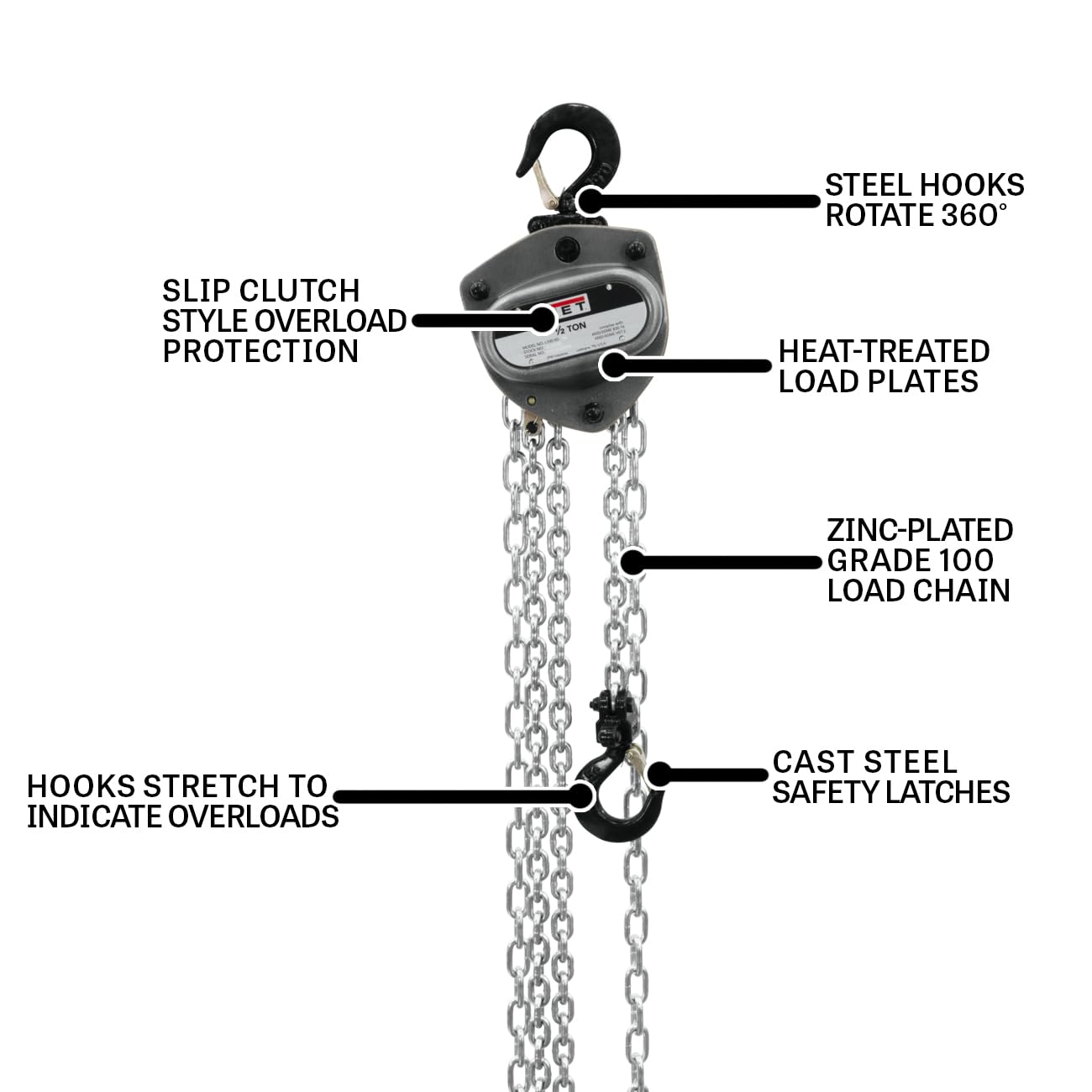 JET 1/2-Ton Hand Chain Hoist, 20' Lift, Overload Protection (L-100-50WO-20) 4 JET 1/2-Ton Hand Chain Hoist, 20' Lift, Overload Protection (L-100-50WO-20)