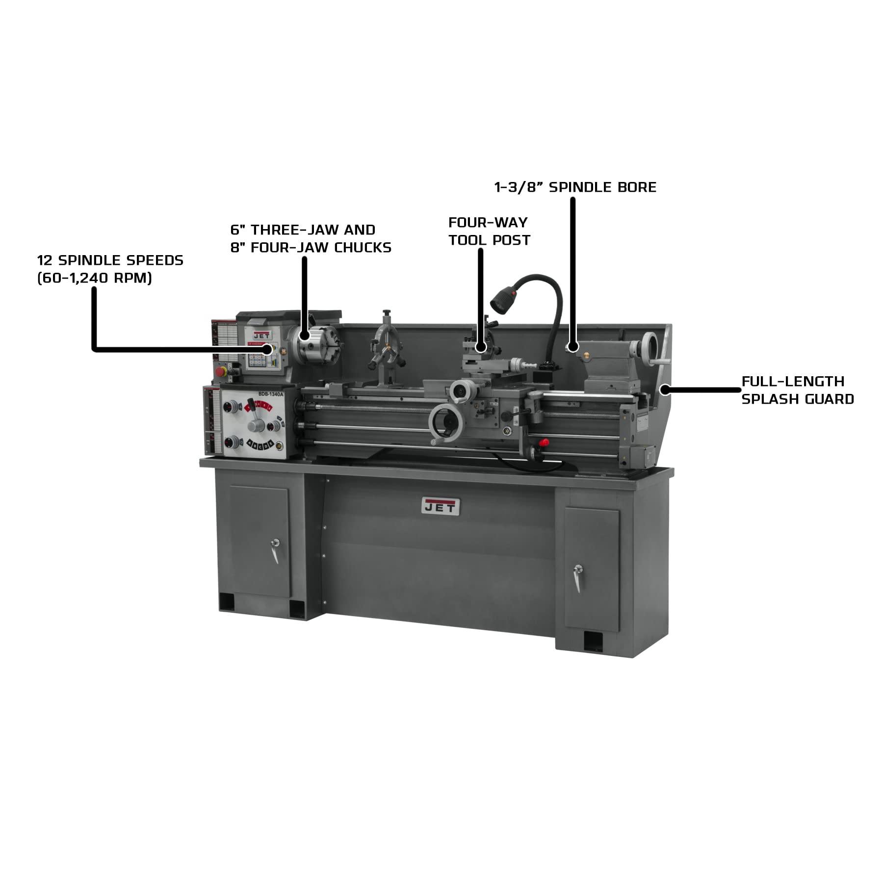 JET 13" x 40" Belt Drive Bench Lathe with Stand, 2 HP, 1Ph 230V (Model BDB-1340A)