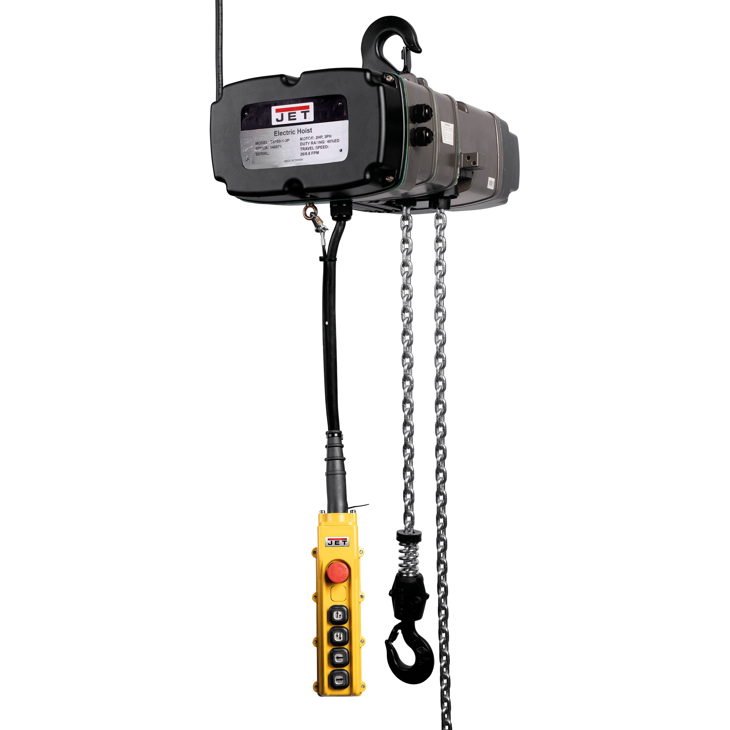 JET 1/2-Ton Electric Chain Hoist, 15' Lift (TS050-460-015); 4-Button Pendant; Two-Speed Trolley (MT050-4)