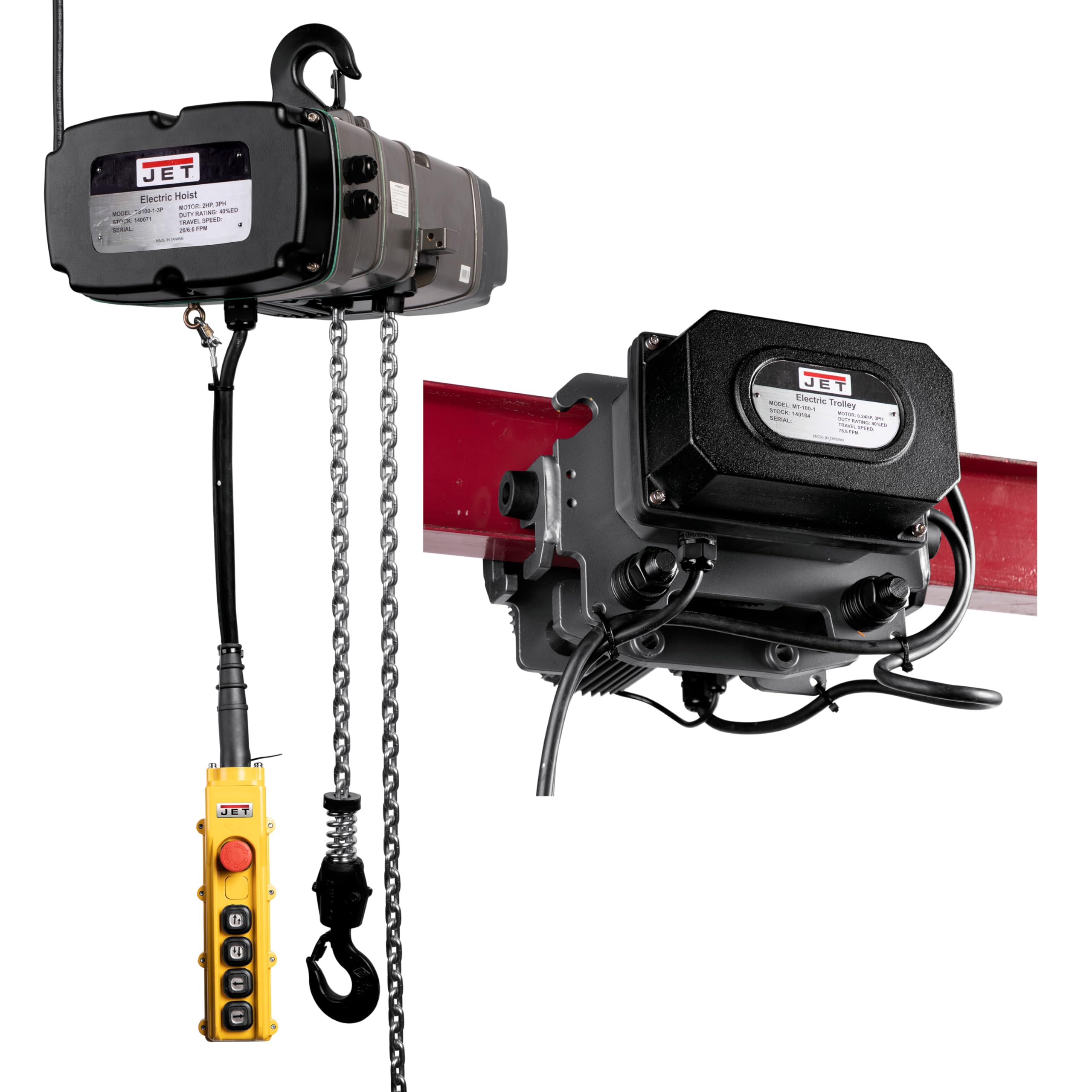 JET 2-Ton Electric Chain Hoist, 20' Lift (TS200-460-020); 4-Button Pendant; 2-Speed Trolley (MT200-4)