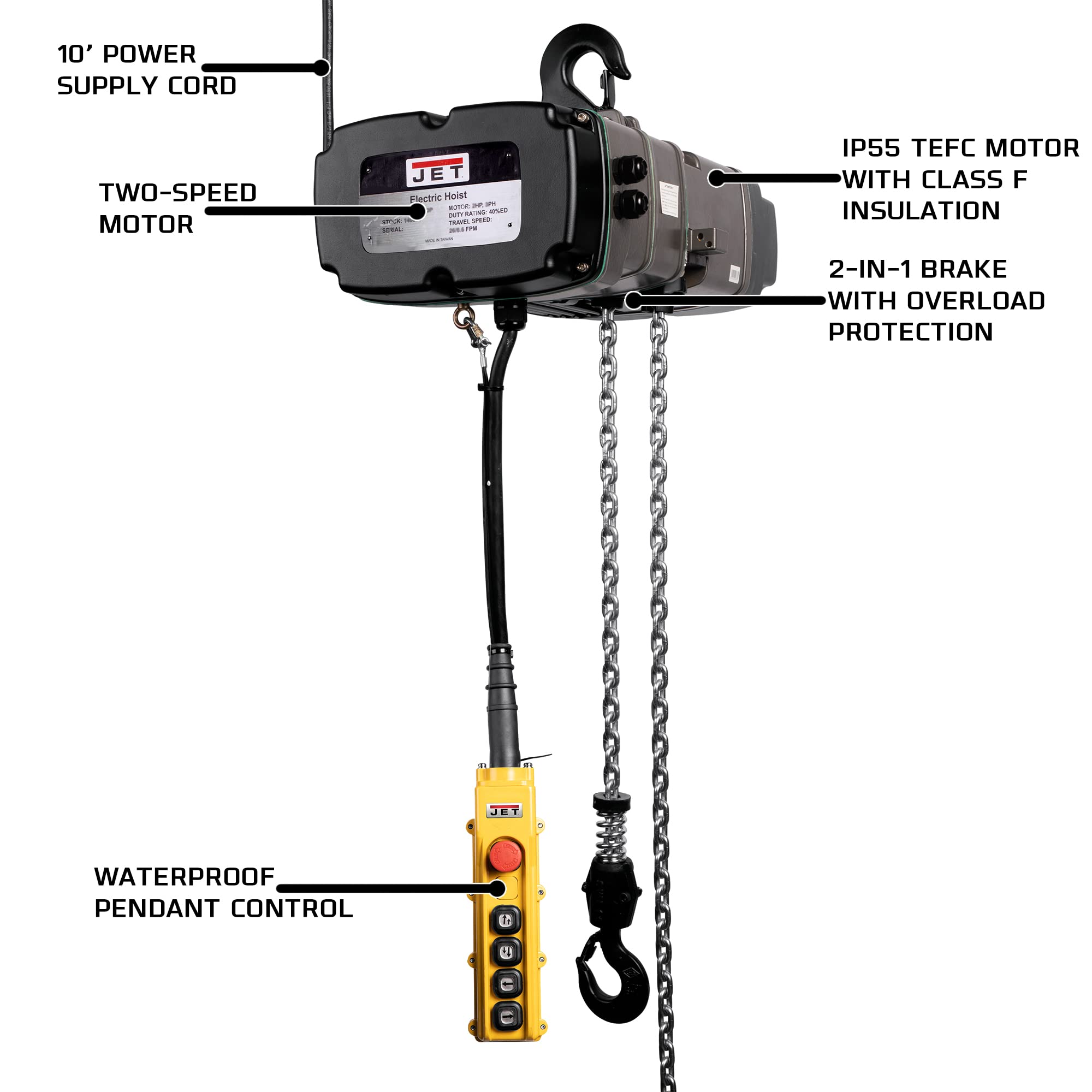 JET 3-Ton Electric Chain Hoist, 10' Lift (TS300-460-010); 4-Button Pendant; 2-Speed Trolley (MT300-4) 2 JET 3-Ton Electric Chain Hoist, 10' Lift (TS300-460-010); 4-Button Pendant; 2-Speed Trolley (MT300-4)