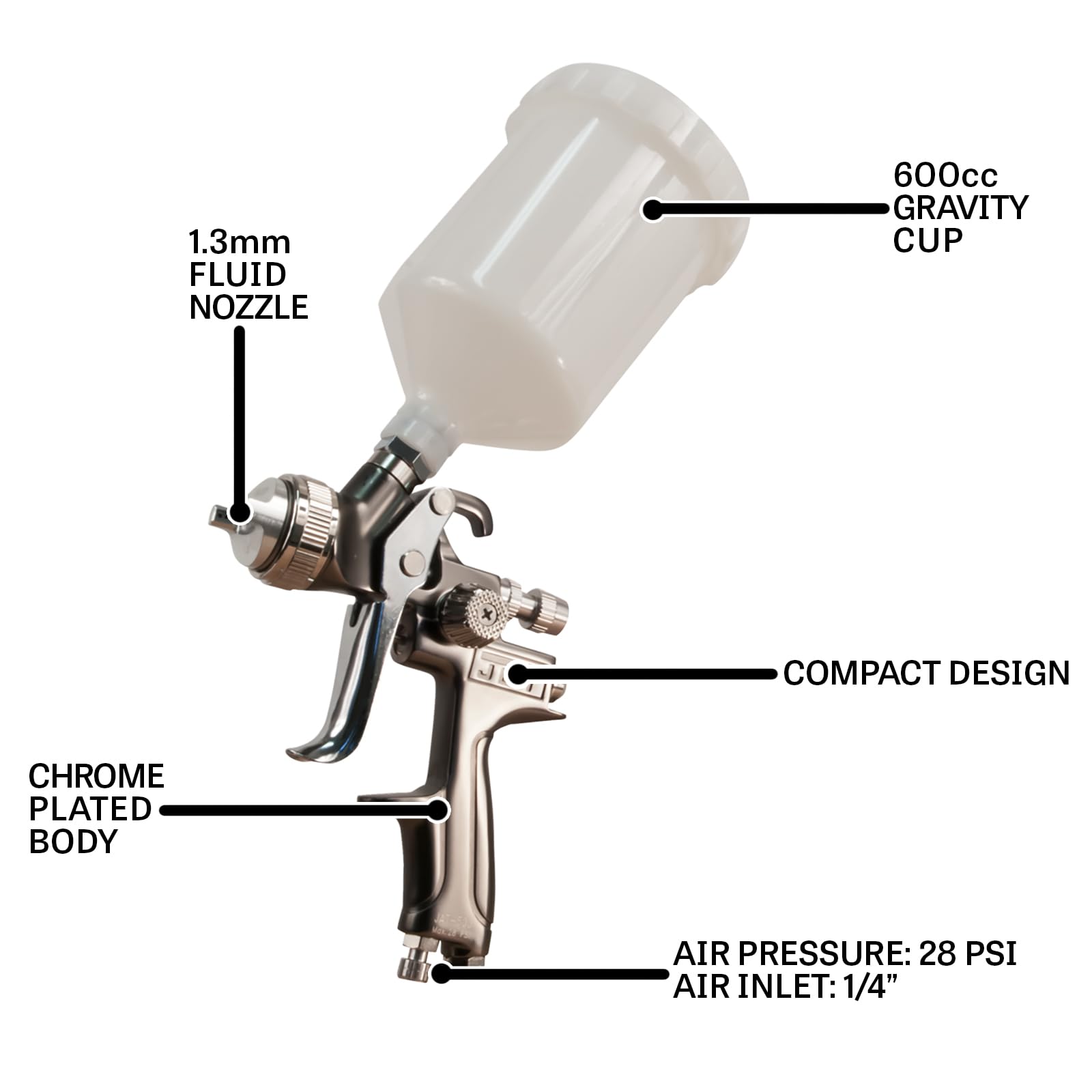 Jet Pneumatic HVLP Spray Gun, 1.3mm Nozzle, 600cc Cup (Model JAT-500)